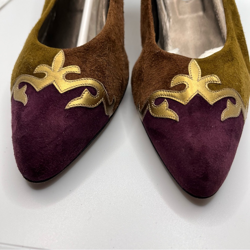 Vintage Bally Suede Multicolour Heels shoes Gold Pointed Toe Italy Rosalyn Pumps - Picture 6 of 12